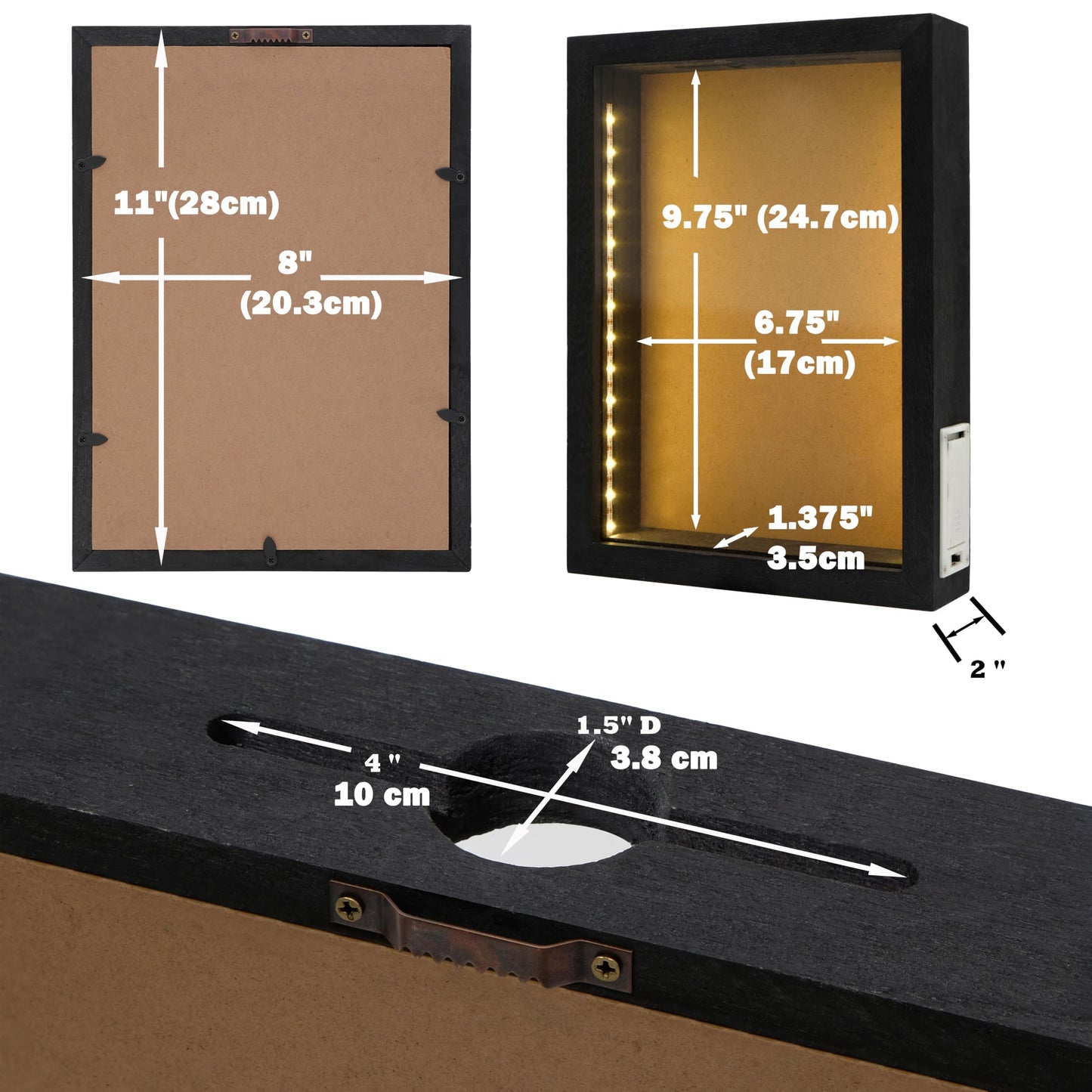 hvfun 8"X11" Rustic Black Wood Shadow Box with Lights,LED-lit Display case for Wine Corks, Tickets, and Creative Exhibits,Artistic Presentations - WoodArtSupply