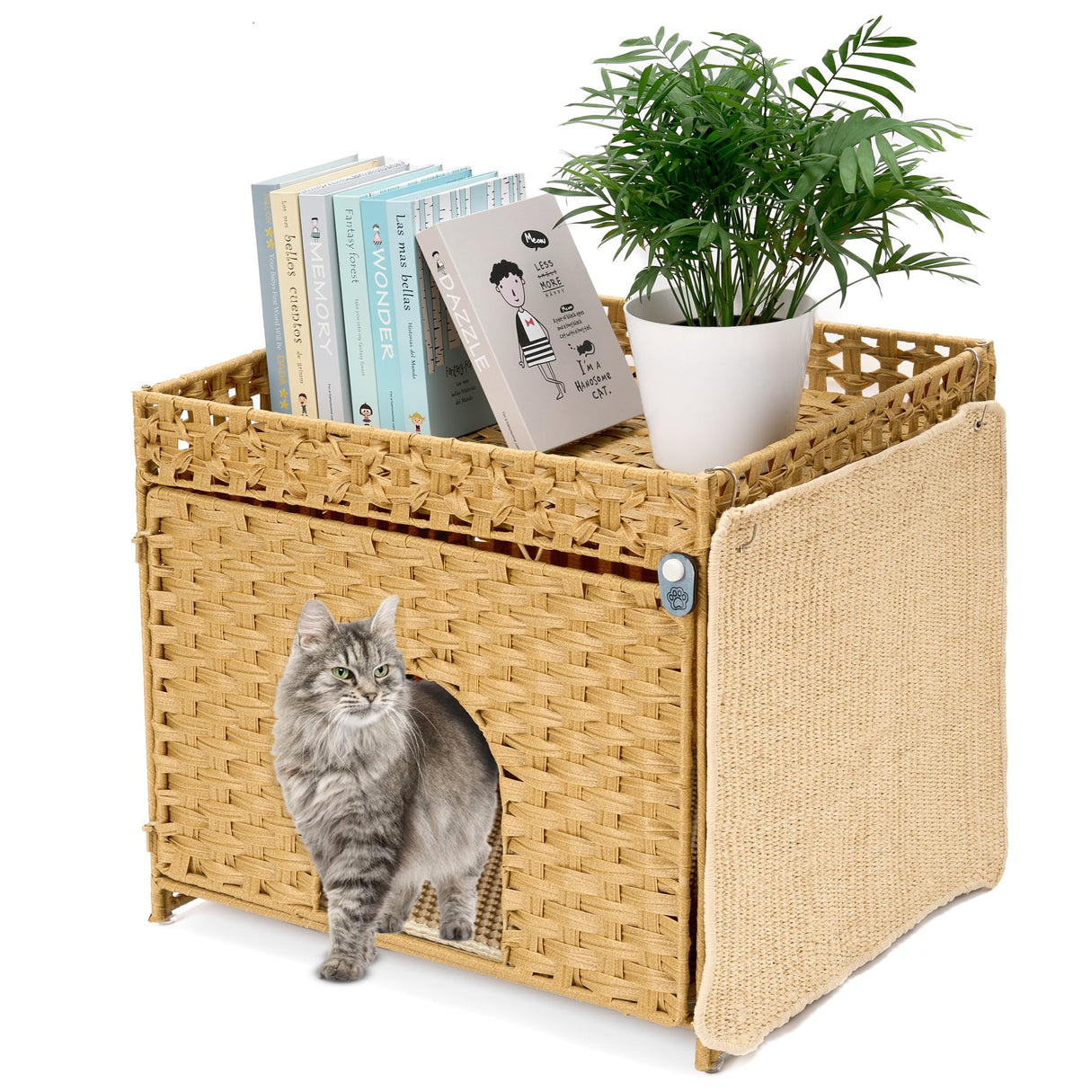 Yilucess Litter Box Enclosure Furniture Hidden with Cat Scratch Pad,Handwoven Rattan Cat House with Large Space,Suitable for Living Room,Bedroom,Corner (Grass Yellow) Yilucess