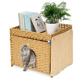 Yilucess Litter Box Enclosure Furniture Hidden with Cat Scratch Pad,Handwoven Rattan Cat House with Large Space,Suitable for Living Room,Bedroom,Corner (Grass Yellow) Yilucess