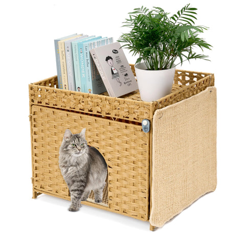 Yilucess Litter Box Enclosure Furniture Hidden with Cat Scratch Pad,Handwoven Rattan Cat House with Large Space,Suitable for Living Room,Bedroom,Corner (Grass Yellow) Yilucess