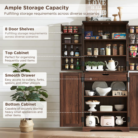 ACCOHOHO 72" Tall Kitchen Pantry, Farmhouse Storage Cabinet with Barn Doors, Organizer, Drawer and Adjustable Shelves, Rustic Wood Cupboard for Kitchen, Dining Room, Bathroom, Brown ACCOHOHO
