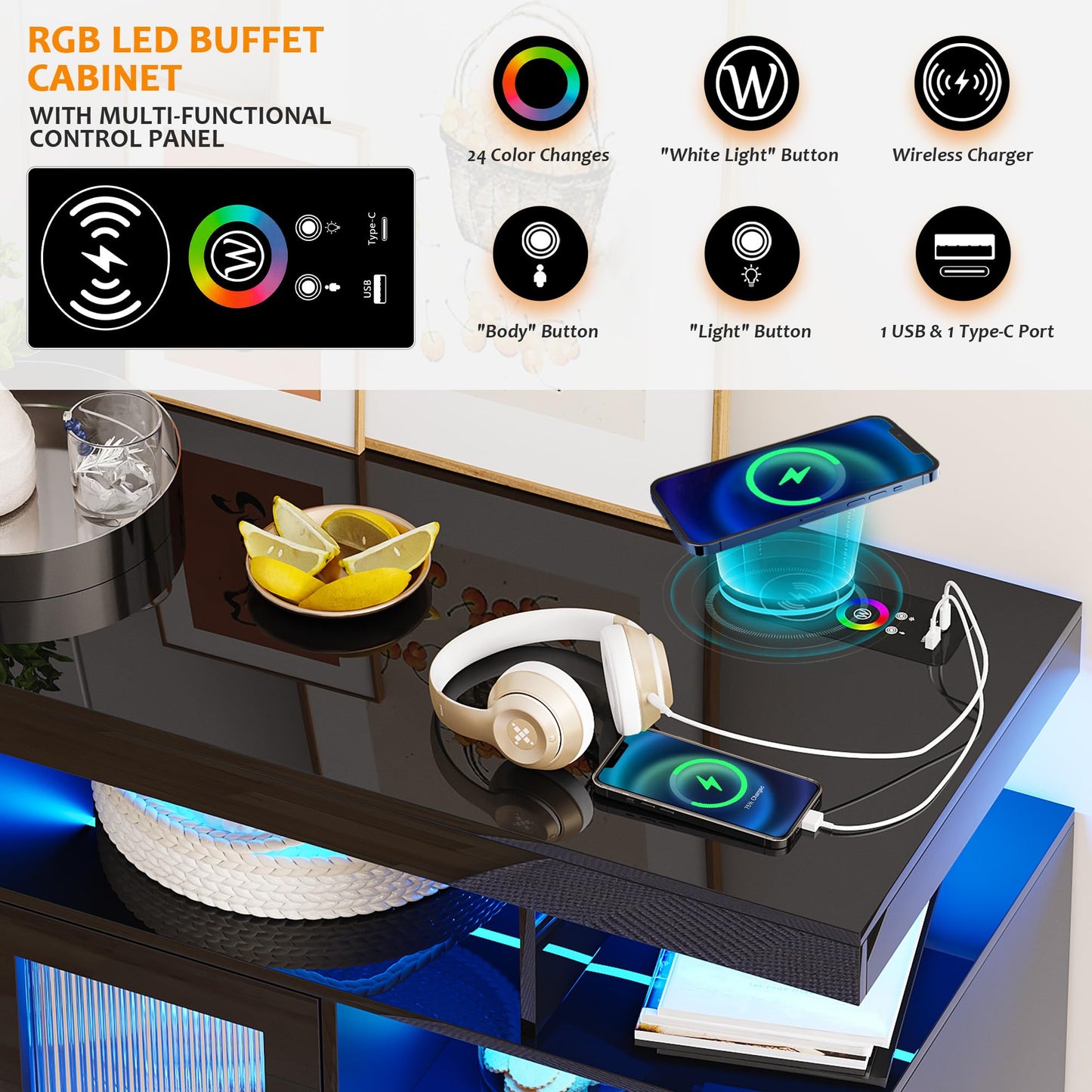 SKKTKT Set of 2 LED Sideboard Buffet Cabinet, 79" Large Coffee Bar Cabinet with Charging Station, High Gloss Kitchen Storage Cabinet with Auto Sensor 24-Color Lights for Dinning Room (Black) - WoodArtSupply