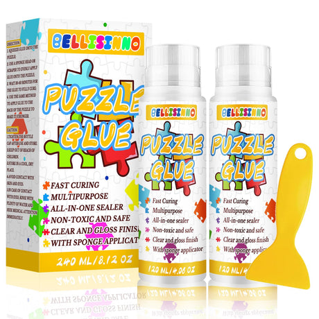 Puzzle Glue with New Sponge Head, Clear Water-Soluble Quick Dry Jigsaw Puzzle Glue, Suitable for 1000/3000/5000 Pieces of Paper and Wood Puzzle, 120ml*2 Bellisinno