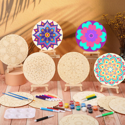 MotiMind 60 Pcs Wooden Mandala Painting Set Mandala Unfinished Wood Cutouts with Wooden Easel Kits Mandala Wood Slices for Adults Beginners Painting, DIY Craft Project, Party Favor Home Decor