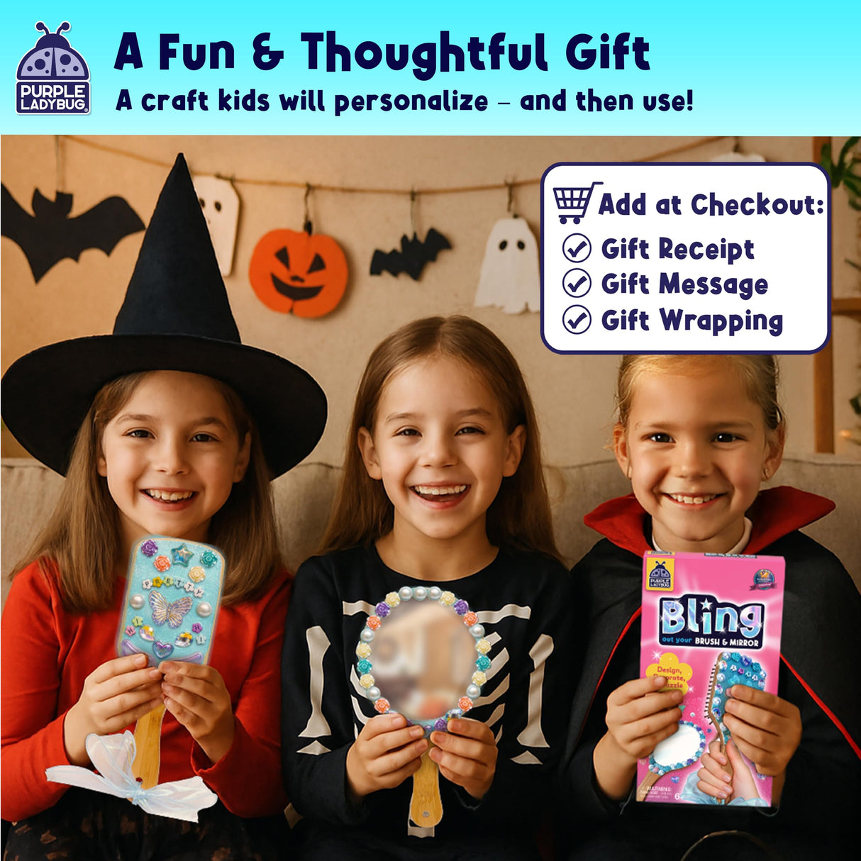 PURPLE LADYBUG Decorate Your Own Wooden Mirror & Brush Set - DIY Craft Kit for Girls Ages 4-8 8-12 with Glitter Glue, Beads, Gems, Butterflies, Ribbons - Birthday Gift for Girls 4 5 6 7 8 9 10 11 12 PURPLE LADYBUG