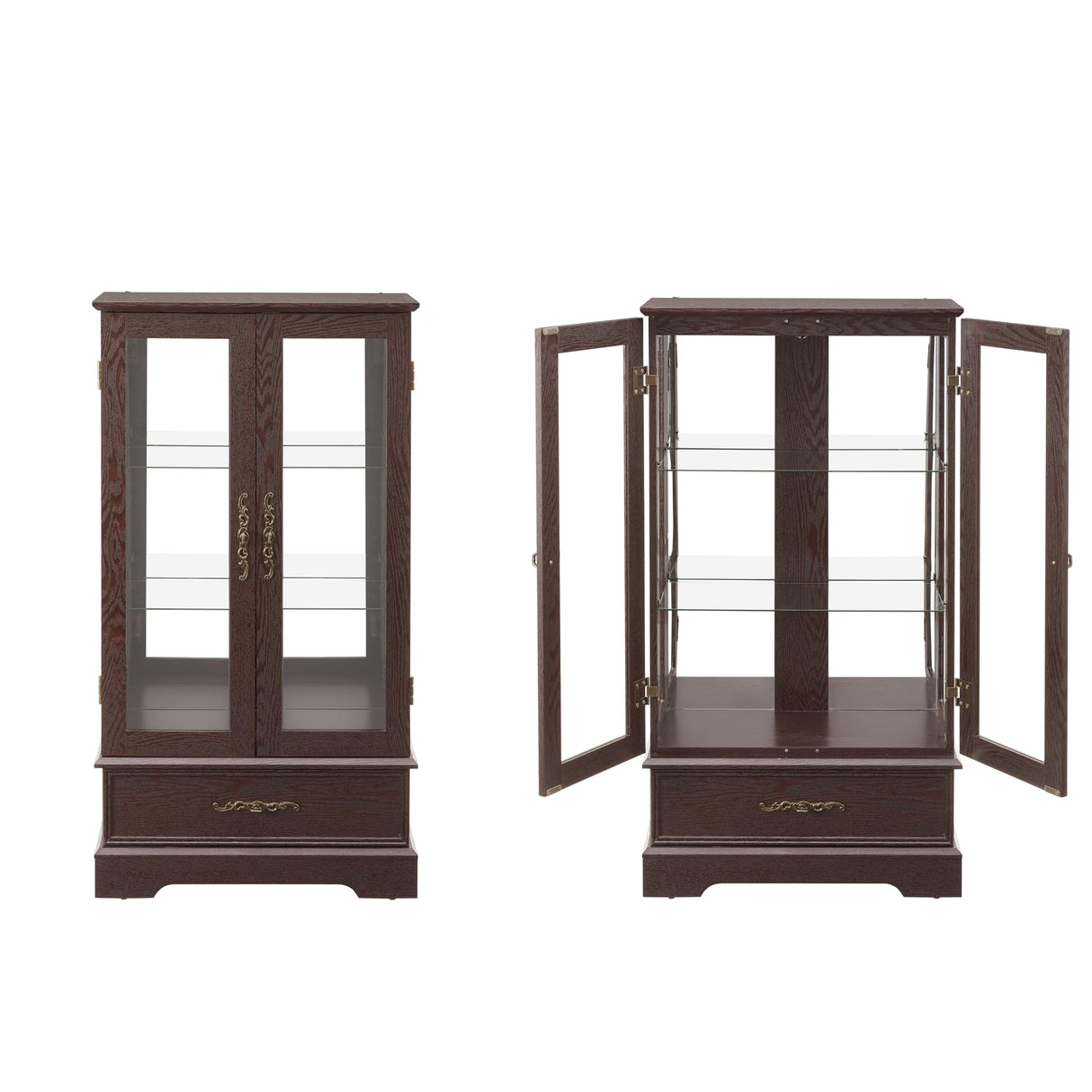 lunhung 3-Tier Lighted Glass Display Curio Cabinet with 2 Tempered Glass Doors & 1 Drawer,Curio Case with Mirrored Back Panel & Adjustable Shelves,Wine Display Cabinet for Living Room,Kitchen(Cherry) lunhung