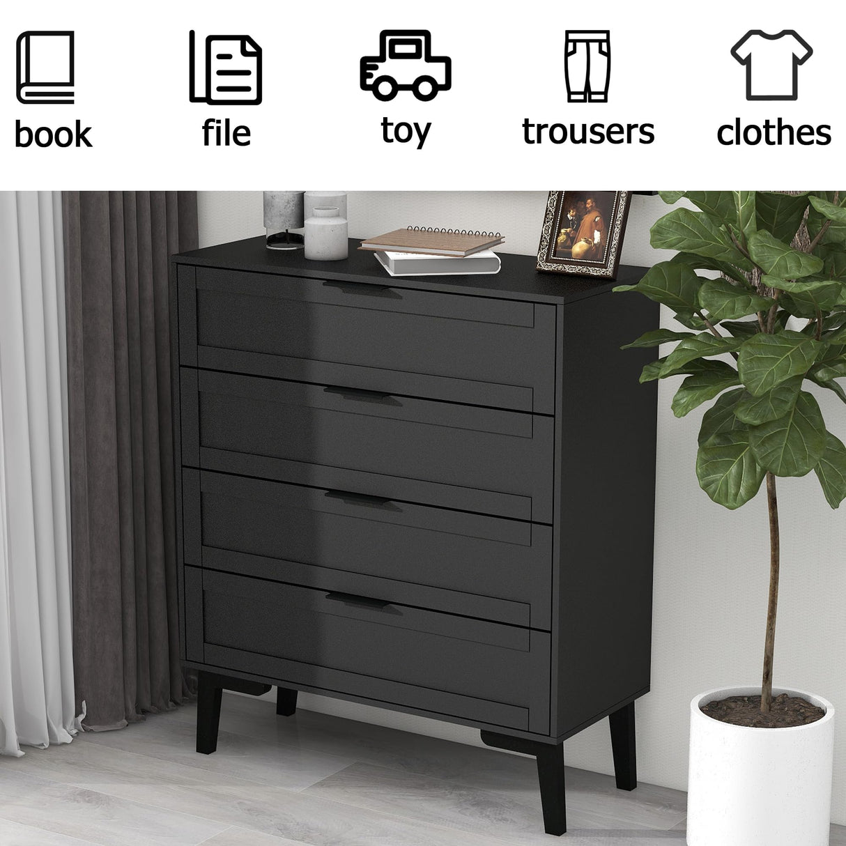 TaoHFE Black 4 Drawer Dresser for Bedroom,Wood Lingerie Chest of Drawers for Bedroom,Modern 36inch Tall Black Dresser for Bedroom Living Room, Entryway, Cloakroom(Black, 4 Drawer) TaoHFE