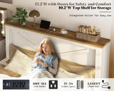 AMERLIFE Queen Bed Frame with Hidden Sliding Bookcase Headboard, Charging Station, 2 Large Storage Drawers, Metal & Wood Platform, Farmhouse, No Box Spring Needed, White & Barnwood AMERLIFE