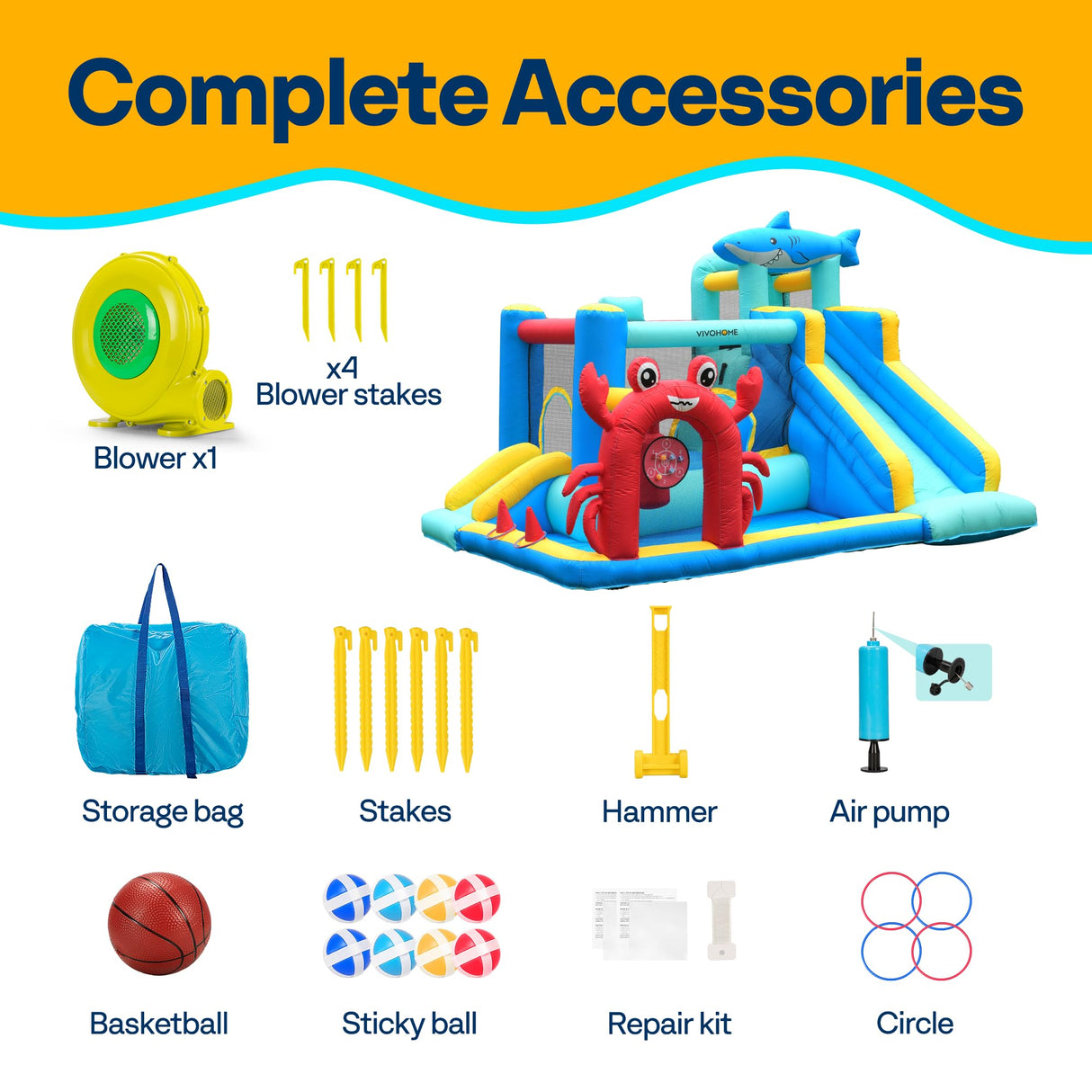 VIVOHOME 7 in 1 Bounce House for Kids, Sea Theme Inflatable Bouncy Castle with Slide, 12x10 FT Inflated Bouncer for Outdoor with Blower, Basketball, Climb, Jump Area, Ball, Water Pool, Hoop VIVOHOME