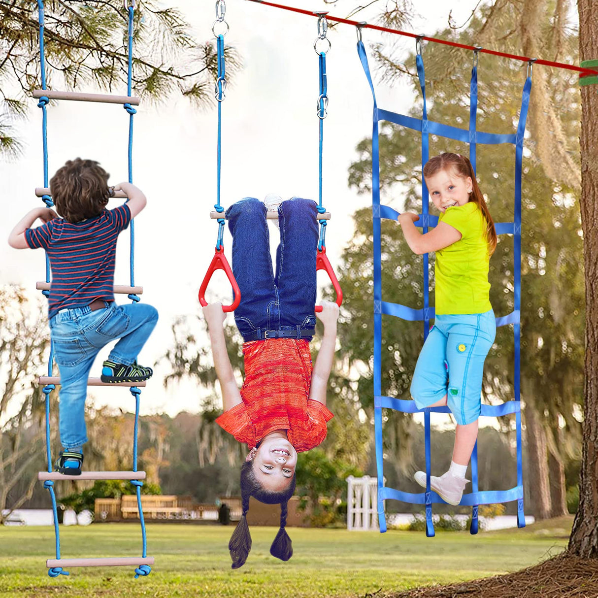 Ninja Warrior Obstacle Course for Kids Backyard - 2×50ft Slackline Kit with 10 Most Complete Accessories for Boys & Girls, Swing, Rope Ladder, Gymnastic Ring, Climbing Net, Arm Trainer and Monkey Fist Dripex