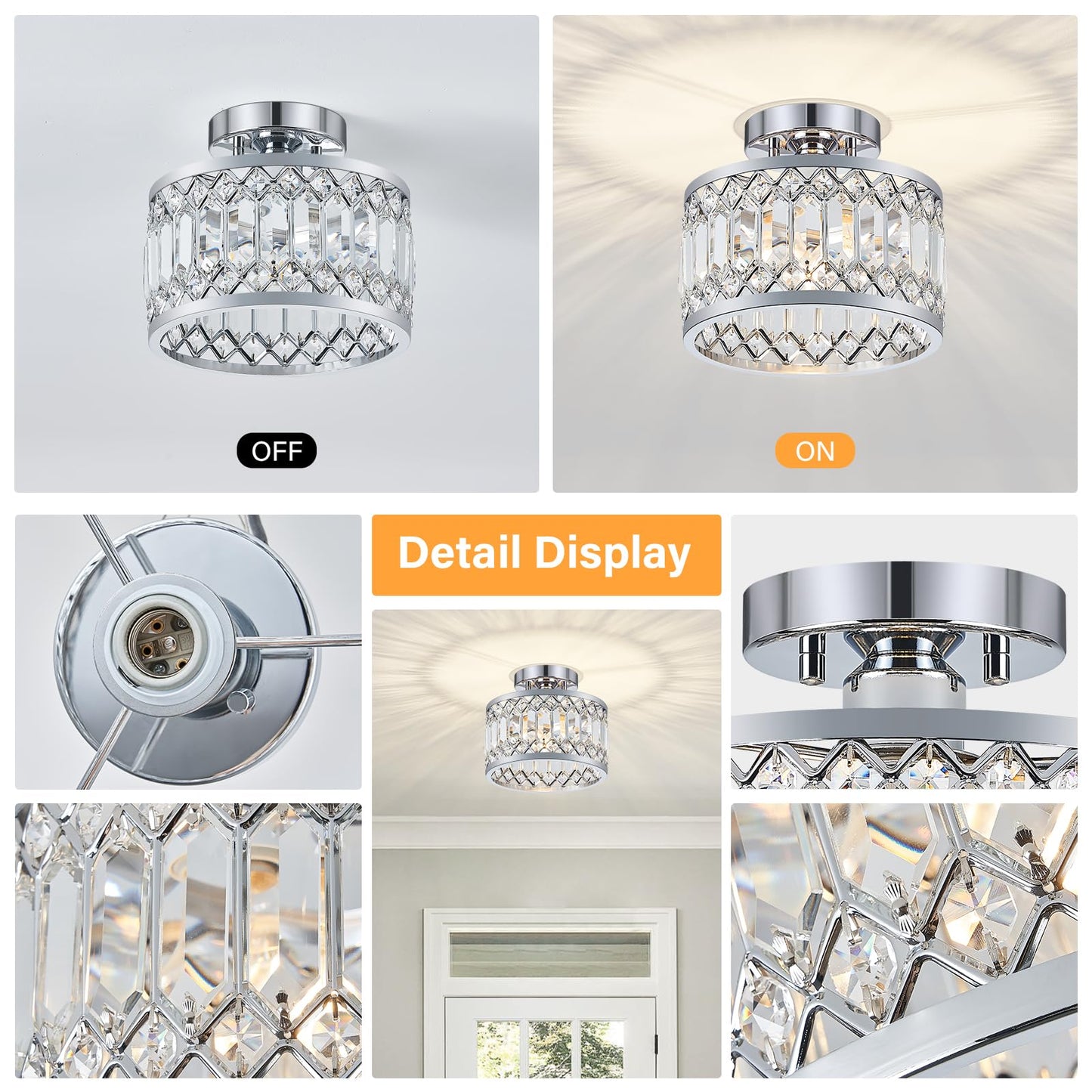 YURNYQ Crystal Ceiling Light Fixture, Modern Semi Flush Mount Ceiling Light, Chrome Lighting Fixtures Ceiling Lamp for Hallway, Kitchen, Entryway, Bedroom, Laundry Room, 9.05 Inch