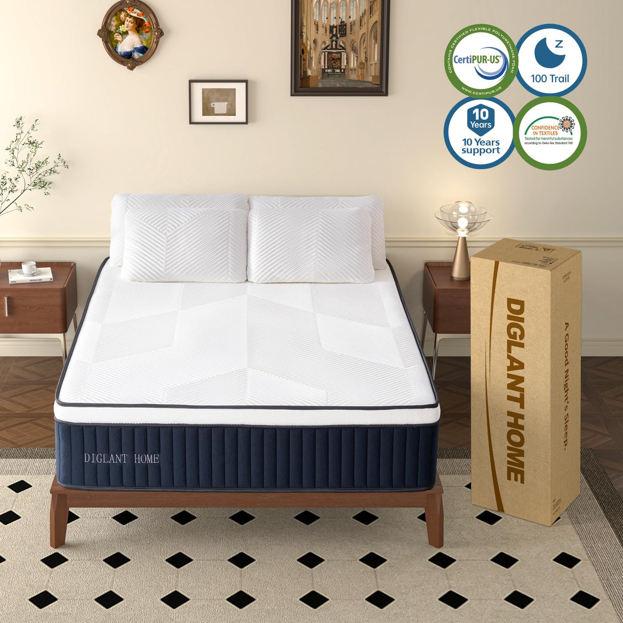 DIGLANT 14Inch Hybrid Soft Medium Plush Memory Foam Mattress, Queen Size with 7-Zone Pocket Springs, CertiPUR-US Certified DH DIGLANT HOME