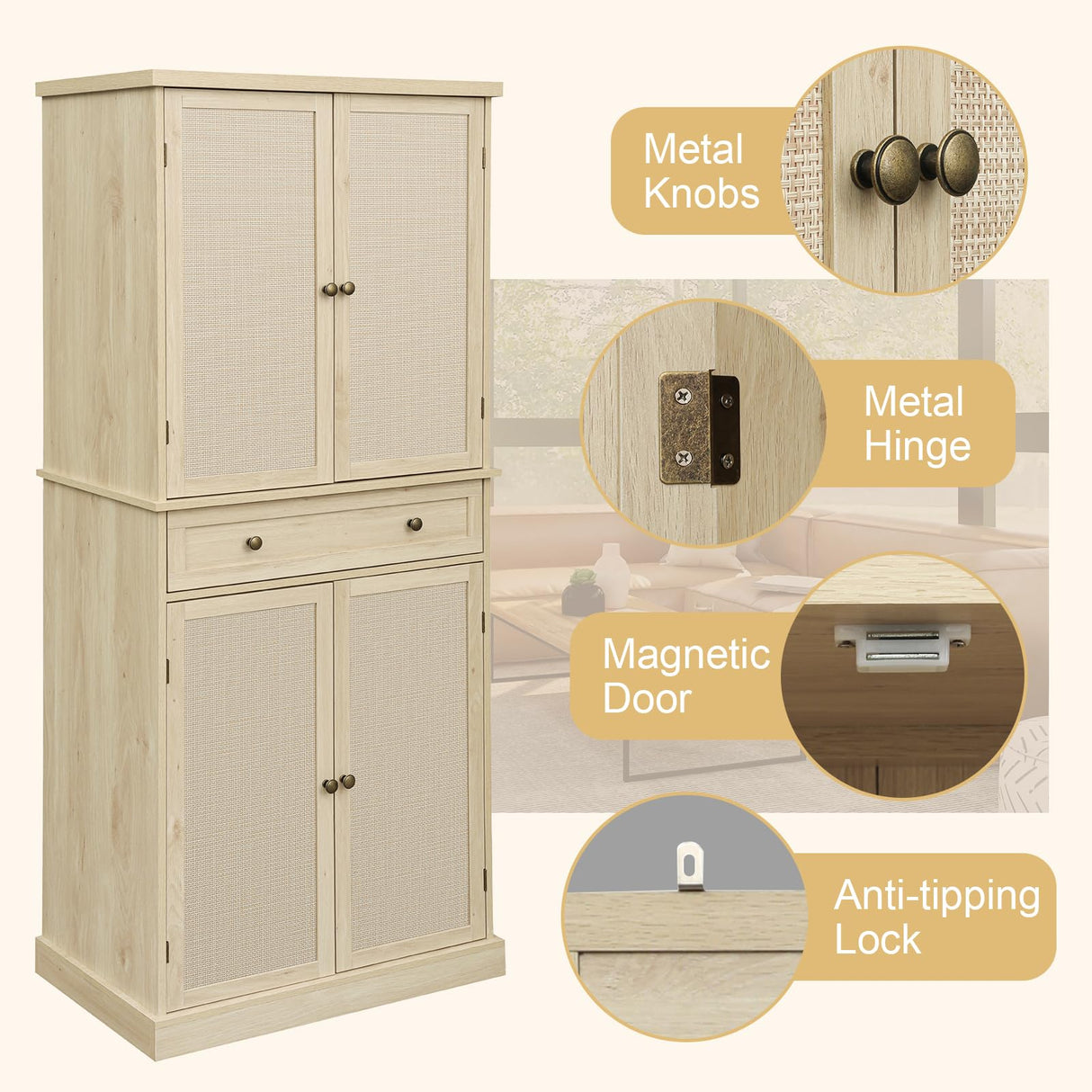 UZUGUL Kitchen Pantry Cabinet with Adjustable Shelf,72'' Tall Rattan Pantry Storage Cabinet with 4 Door and Drawer, Bedroom Wardrobe, Tall Storage Cabinet for Living Room UZUGUL