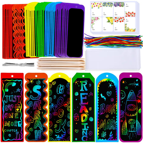 Winlyn 48 Sets 6 Styles Magic Color Scratch Bookmarks Craft Kits Rainbow Scratch Paper Art Sets for Kids Students Party Favors DIY Bookmarks Bulk with Scratching Tools Ribbons for Classroom Activities Winlyn