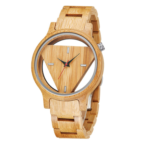 Triangle Wood Watch for Men Creative Hollow Dial Full Wooden Quartz Watch Vintage Natural Mens Unique Inverted Geometric Wood Wrist Watch Tiong