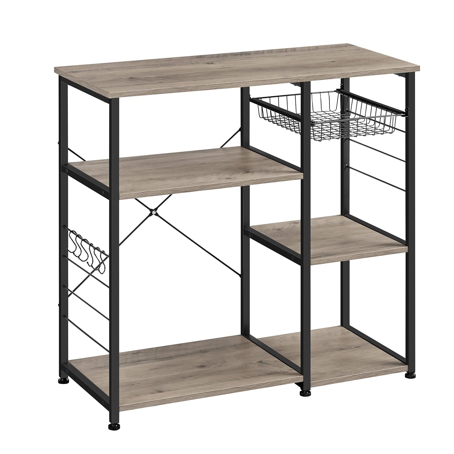 VASAGLE ALINRU Industrial Kitchen Baker's Rack with Wire Basket and Hooks in Greige and Black - WoodArtSupply