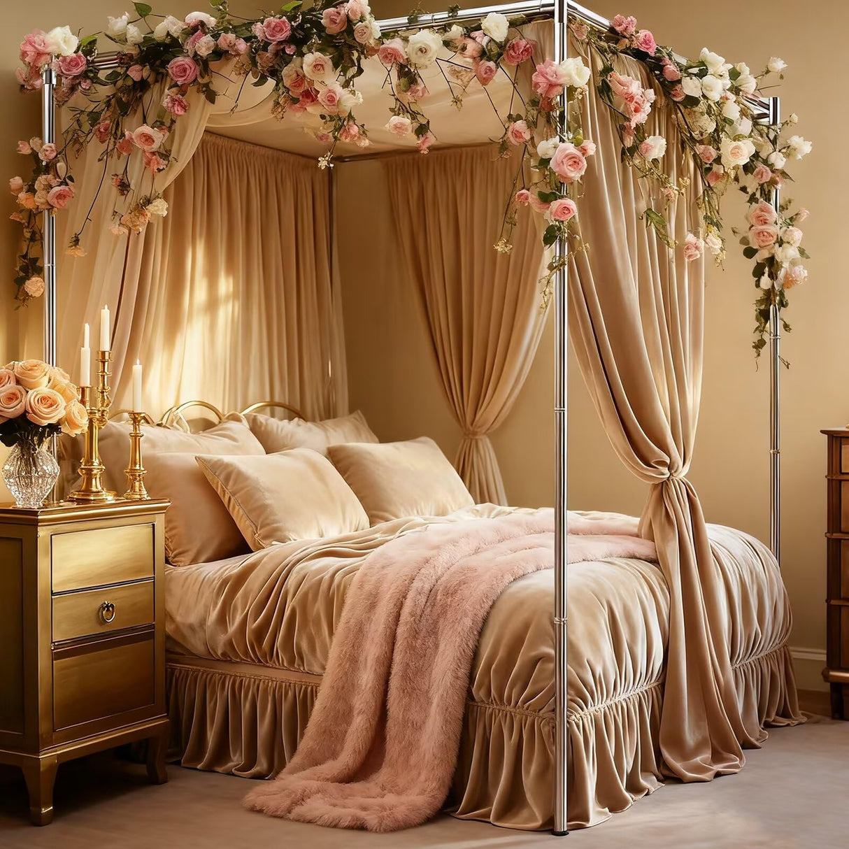 Canopy Bed Frame King Size, Thicken Stainless Steel Canopy Bed Frame, Bed Post Poles with Metal Connectors for Mosquito Curtains, Bedroom Decor Mosqutent