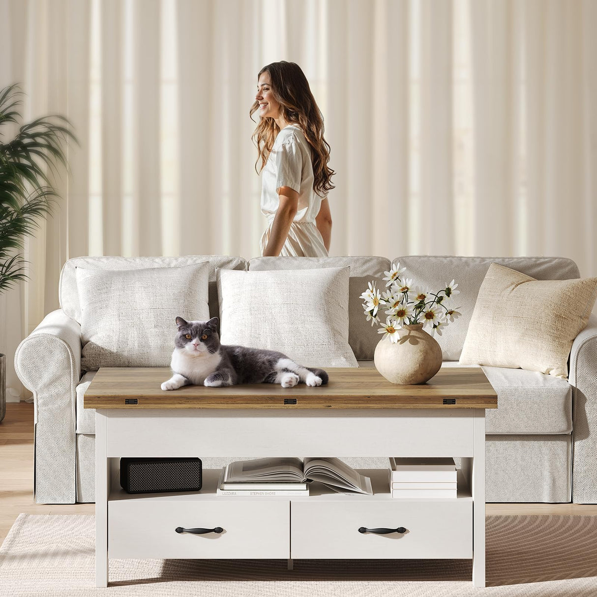 Amada Lift Top Coffee Table, 4 in 1 Convertible Coffee Table with Drawers and Hidden Compartment, Expandable Center Table Converts to Dining Table for Living Room, White & Oak AMADA HOMEFURNISHING