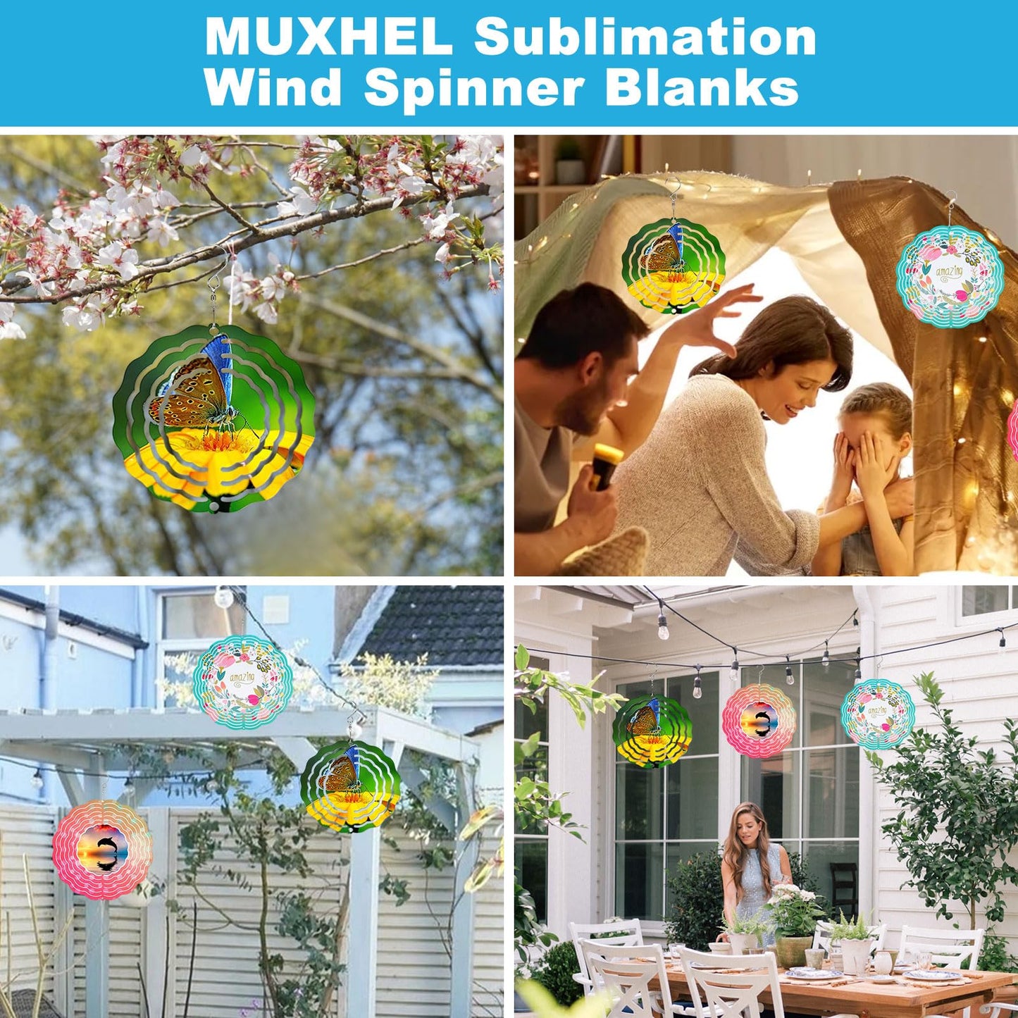 MUXHEL 10 Pcs 3” Sublimation Wind Spinner Blanks with 10 Hooks, 3D Aluminum Wind Spinner Hanging, Round Wind Powered Kinetic Sculpture for Indoor and Outdoor Decoration