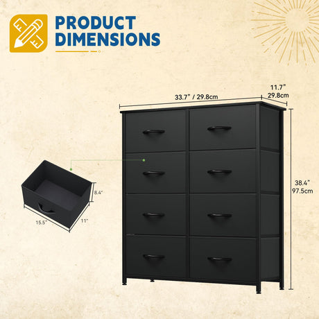 DWVO Fabric Dresser for Room, Tall Storage 8 Drawers, Black Dresser & Chest of Drawers, Storage Drawer Organizer for Closet, Living Room DWVO