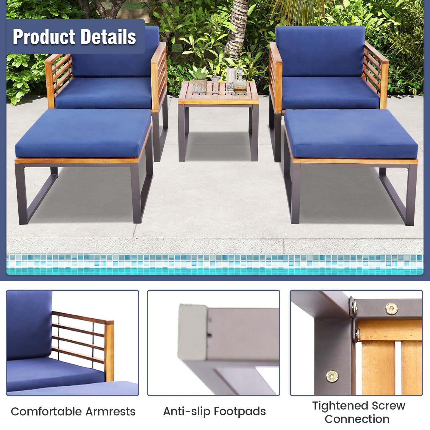 Tangkula 5 Piece Patio Chair Set, Acacia Wood Chair Set w/Ottomans & Coffee Table, Soft Seat & Back Cushions, Outdoor Wood Furniture Set for Backyard, Poolside, Garden - WoodArtSupply