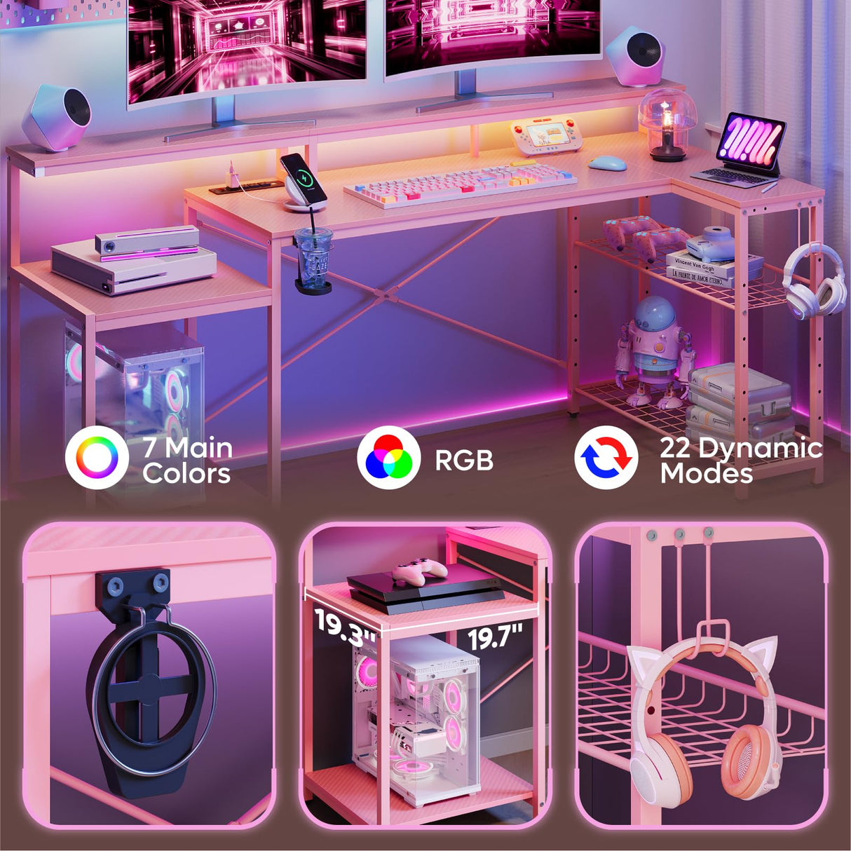 Bestier 71.5 inch Gaming Desk with Power Outlet, Large LED Computer Desk with Monitor Stand, L Shaped Desk with Storage Shelf, Cup Holder & Headset Hooks, Corner Gamer Desk for Bedroom Pink Bestier