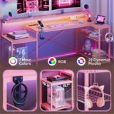 Bestier 71.5 inch Gaming Desk with Power Outlet, Large LED Computer Desk with Monitor Stand, L Shaped Desk with Storage Shelf, Cup Holder & Headset Hooks, Corner Gamer Desk for Bedroom Pink Bestier