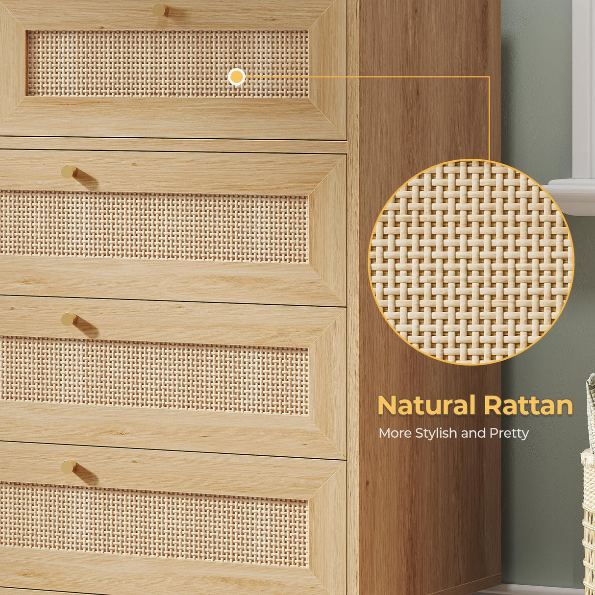 AOGLLATI Rattan Dresser for Bedroom with 9 Drawer, Modern Wooden Long Bedroom Dresser, Chest of Drawers with Metal Handle & Solid Wood Legs for Bedroom/Living Room, Wood AOGLLATI