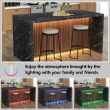 63" Large Imitation Marble Dining Table for 4-6 People, Island Table with LED Lights, Mordern Marble Stripes Kitchen Dining Table with Grille design for Dining Room, Home, Office, Living Room (Black) Gyfimoie