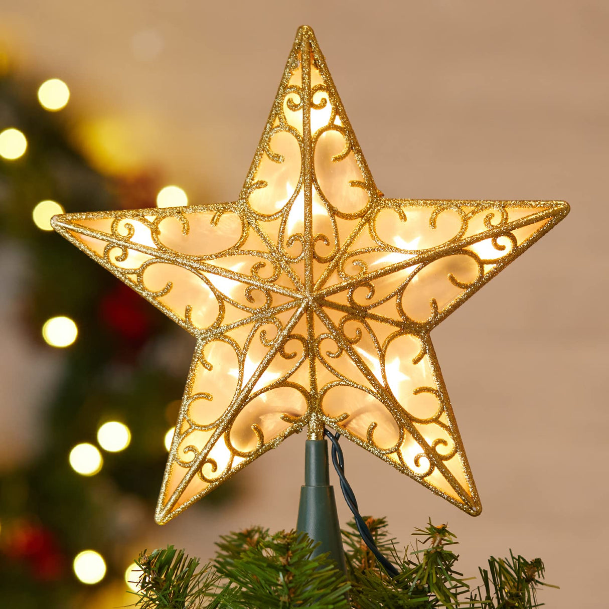 Christmas Star Tree Topper, 9.5 in Plug in Golden Glittered 3D Star Tree Topper, Metal Hollow Designed Built-in 10 Bulbs String Lights for Indoor Office Christmas New Year Holiday Tree Decoration Brightown