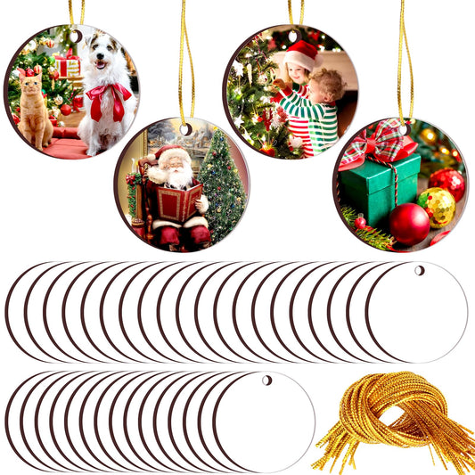 35 Pieces Sublimation Ornament Blanks，SPOKKI 3" Round Christmas Blank Sublimation Ornaments Double Side Sublimation Blanks Pendants with Ropes for DIY Decor Craft