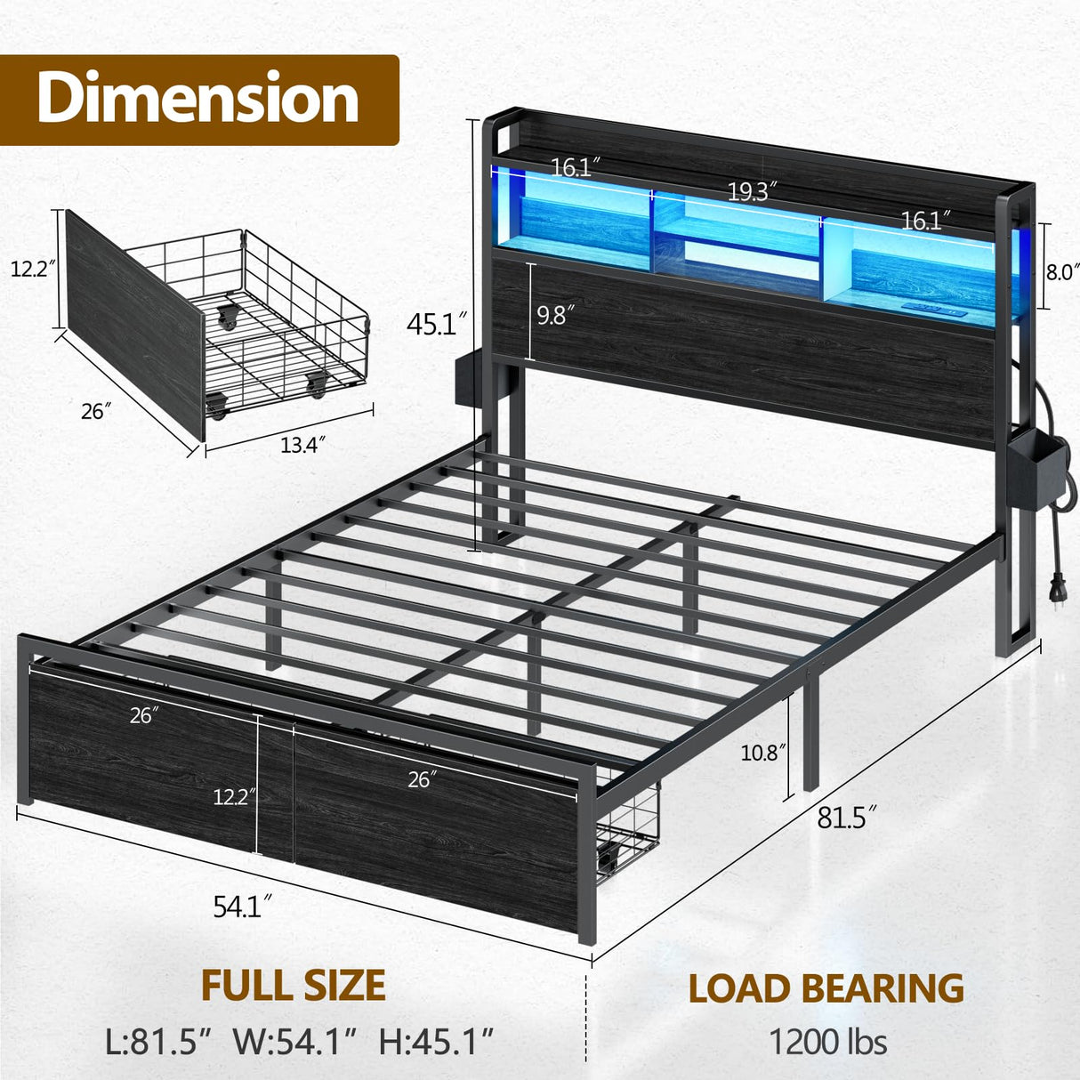 Furnulem Full Size Bed Frame with Wood Headboard, Metal Platform Bed Frame Full Size with Storage Drawers and Shelf, LED Lights and Charging Station, No Box Spring Needed, Noise Free, Black Furnulem