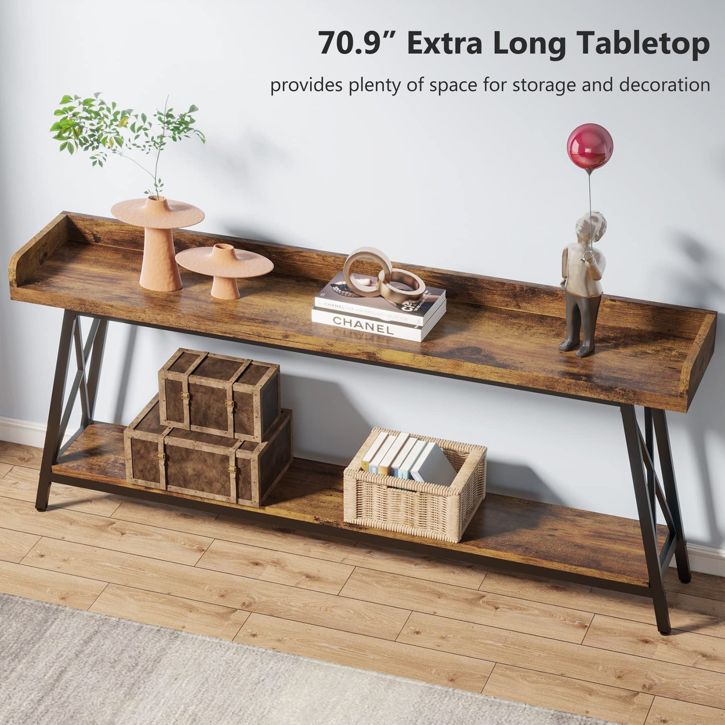 LITTLE TREE 70.9 Inch Retro Brown Console Table - Narrow Entryway & Behind Couch Accent Table