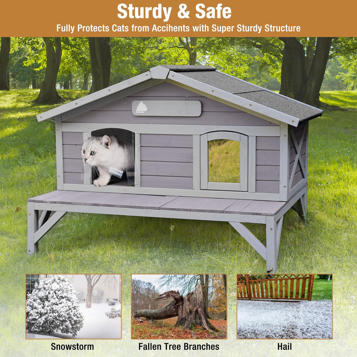 Outdoor Cat House, Shelter for Feral Cats Wooden Kitty Shelter, Weatherproof Cat Enclosure with Large Balcony - WoodArtSupply