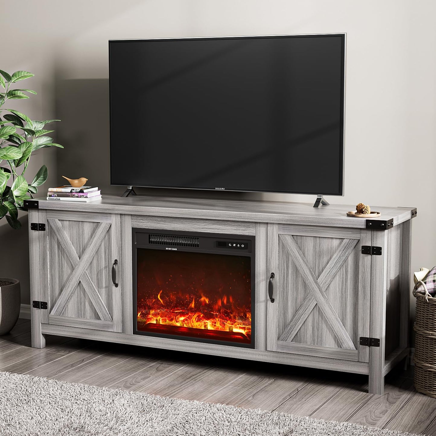 YESHOMY Fireplace TV Stand with Two Barn Doors and Storage Cabinets for Televisions up to 65+ Inch, Entertainment Center Console Table, Media Furniture for Living Room, 58 Inch, Gray Wash