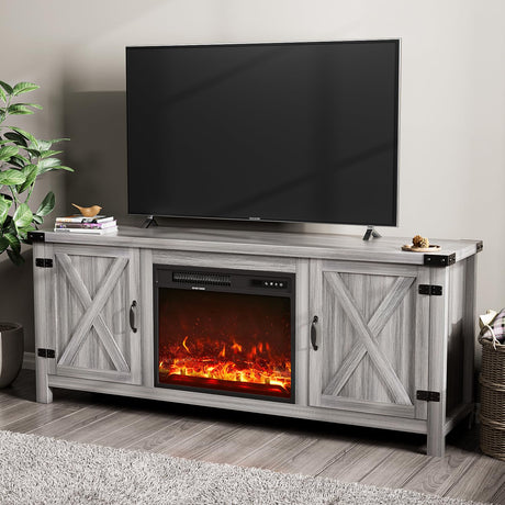 YESHOMY Fireplace TV Stand with Two Barn Doors and Storage Cabinets for Televisions up to 65+ Inch, Entertainment Center Console Table, Media Furniture for Living Room, 58 Inch, Gray Wash YESHOMY