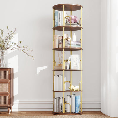 Arbcoler 5-Tier Rotating Bookshelf, 360° Round Spinning Book Shelf Tower, Tall Skinny Wood & Metal Bookshelf for Corner/Office/Home, Modern Industrial Vintage Style
