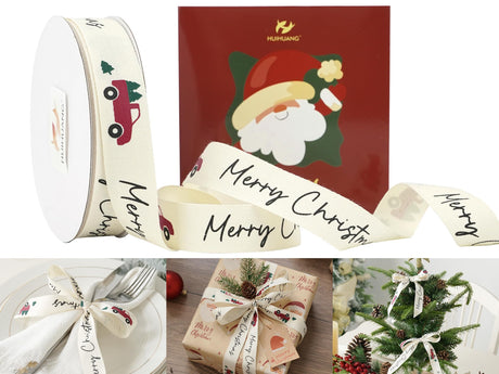 HUIHUANG Christmas Cotton Ribbon 7/8" Wide x 25 Yards Twill Tape Cotton with Merry Christmas Printed Ribbon for Gift Wrapping, Rustic Farmhouse Decor, Tree Ornaments, Wreaths, DIY Crafts HUIHUANG