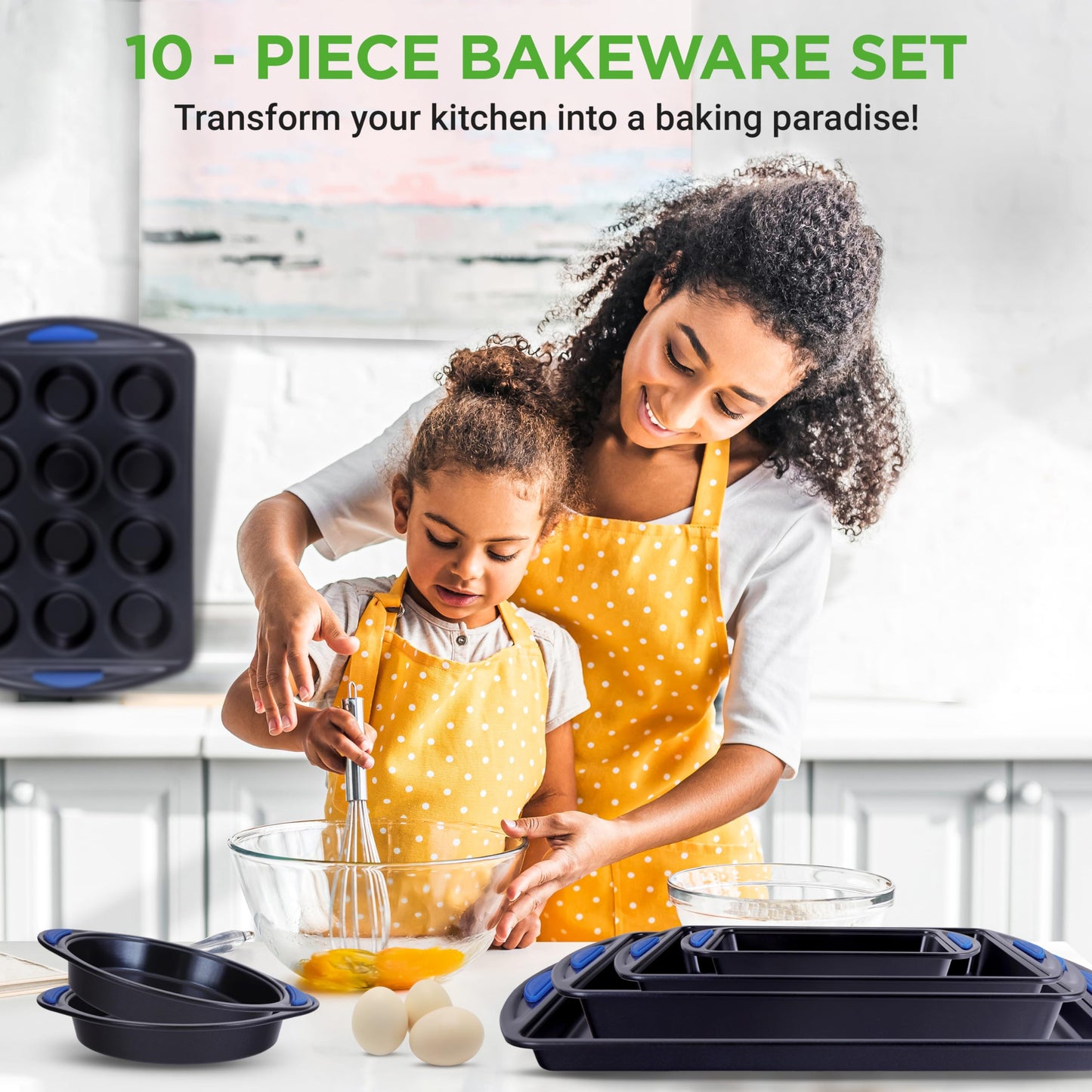 NutriChef 10-Piece Nonstick Bakeware Set - Heavy Duty Carbon Steel Baking Trays w/Silicone Handles - Includes Cookie Sheets, 12-Cup Muffin Pan, Pizza & Loaf Pan, Round & Square Pans - Easy to Clean