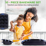 NutriChef 10-Piece Nonstick Bakeware Set - Heavy Duty Carbon Steel Baking Trays w/Silicone Handles - Includes Cookie Sheets, 12-Cup Muffin Pan, Pizza & Loaf Pan, Round & Square Pans - Easy to Clean NutriChef