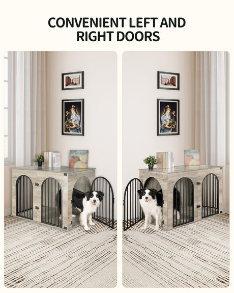 Hzuaneri 44.1" Dog Crate Furniture, Dog Kennel Indoor Arched Door Design, Wooden Dog Crate Furniture for Small/Medium/Large Dog, Side Table, TV Stand, Anti-Chew, Anti-Escape, Greige Black Hzuaneri