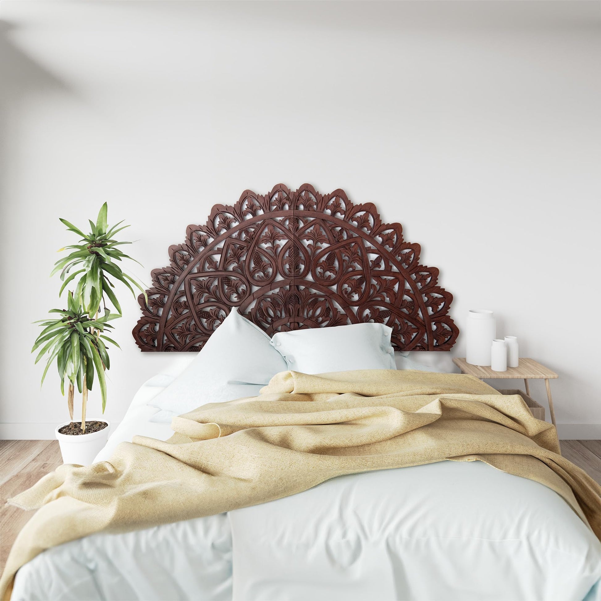 Half Moon King Wood Headboard Rustic | Carved Full Headboard Only | Wooden Headboard Full Size Bed | Wall Mount Headboard King | Full Bed Headboard Panels (Mahkota Dark Brown, Cal King) - WoodArtSupply