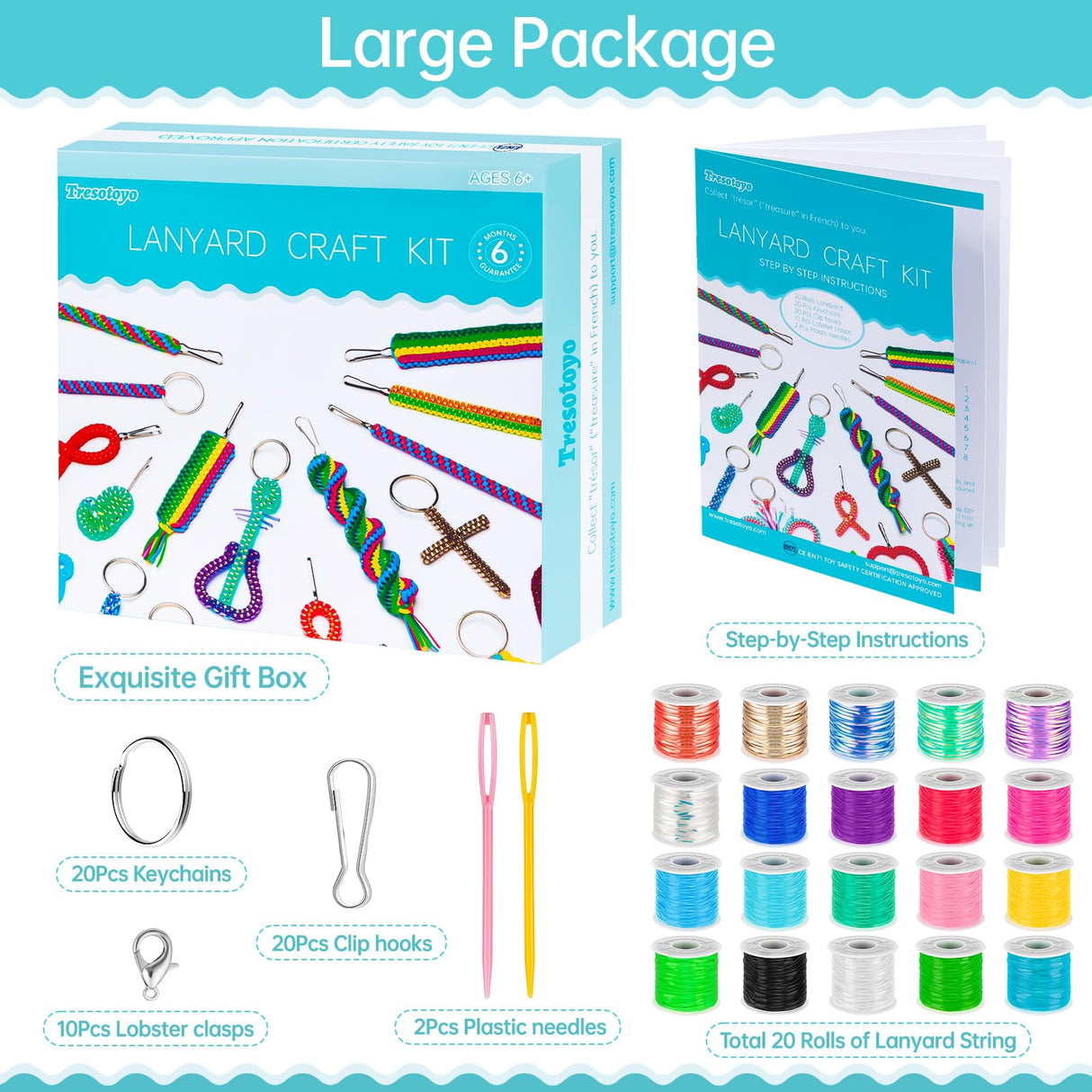 Tresotoyo Lanyard String, 20 Rolls Gimp String, Plastic String Lacing Cord, Boondoggle String Kit 1200 Feet and 52Pcs Keychain Lanyards Accessories for Keychain Crafts, Bracelet with Instruction Box Tresotoyo