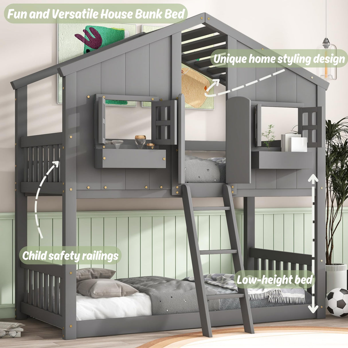 Harper & Bright Designs House Bunk Bed Twin Over Twin for Kids, Wood Bunk Beds with Roof, Windows, Window Box and Small Door, Floor Bunk Beds with Ladder and Guard Rails for Girls Boys,Grey Harper & Bright Designs