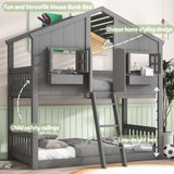 Harper & Bright Designs House Bunk Bed Twin Over Twin for Kids, Wood Bunk Beds with Roof, Windows, Window Box and Small Door, Floor Bunk Beds with Ladder and Guard Rails for Girls Boys,Grey Harper & Bright Designs