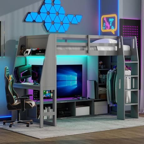 SOFTSEA Twin Size Wood Gaming Loft Bed with Desk & Wardrobe, Solid Wood Loft Bed with Storage Shelves, TV Stand and LED Lights for Kids Teens, Space-Saving Bed with Ladder, Grey SOFTSEA