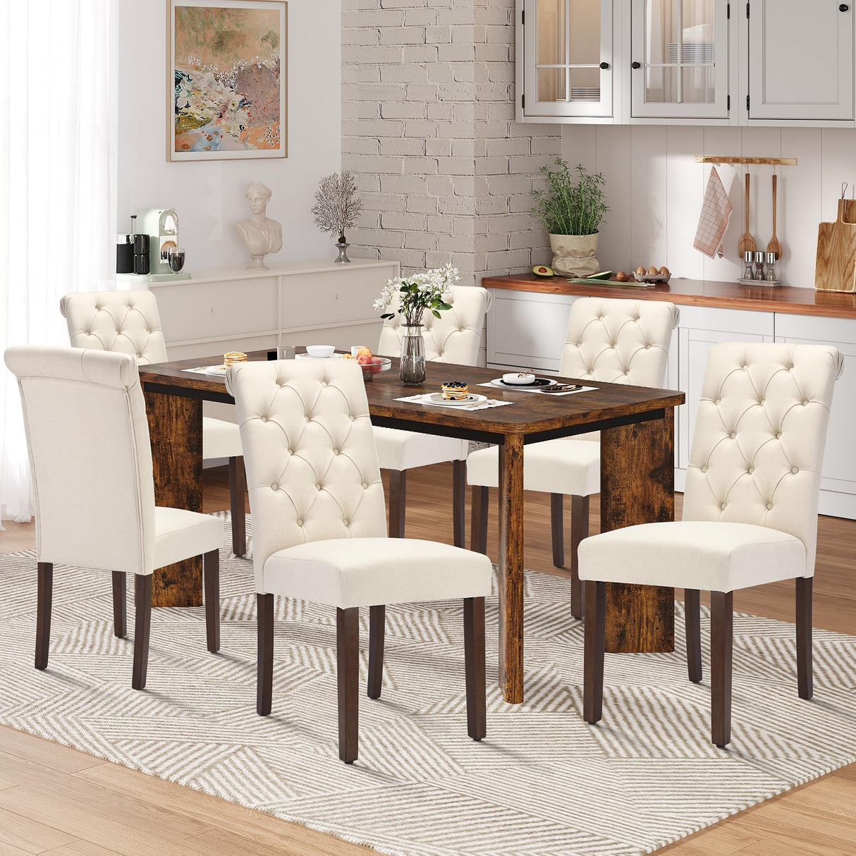 MALOL 7-Piece Rectangular Dining Table Set for 6, 63" Industrial Kitchen Table with 6 Tufted Parsons Dinner Chairs for Dining Room, Kitchen, Living Room, Brown+Beige MALOL