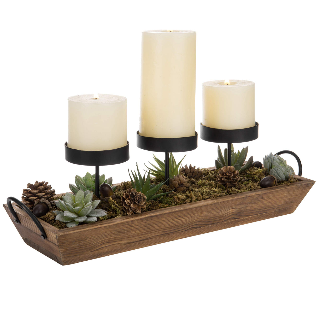 MyGift 3-Pillar Black Metal Candle Holder with Rustic Wood Tray and Handles, Tabletop/Mantel Centerpiece MyGift