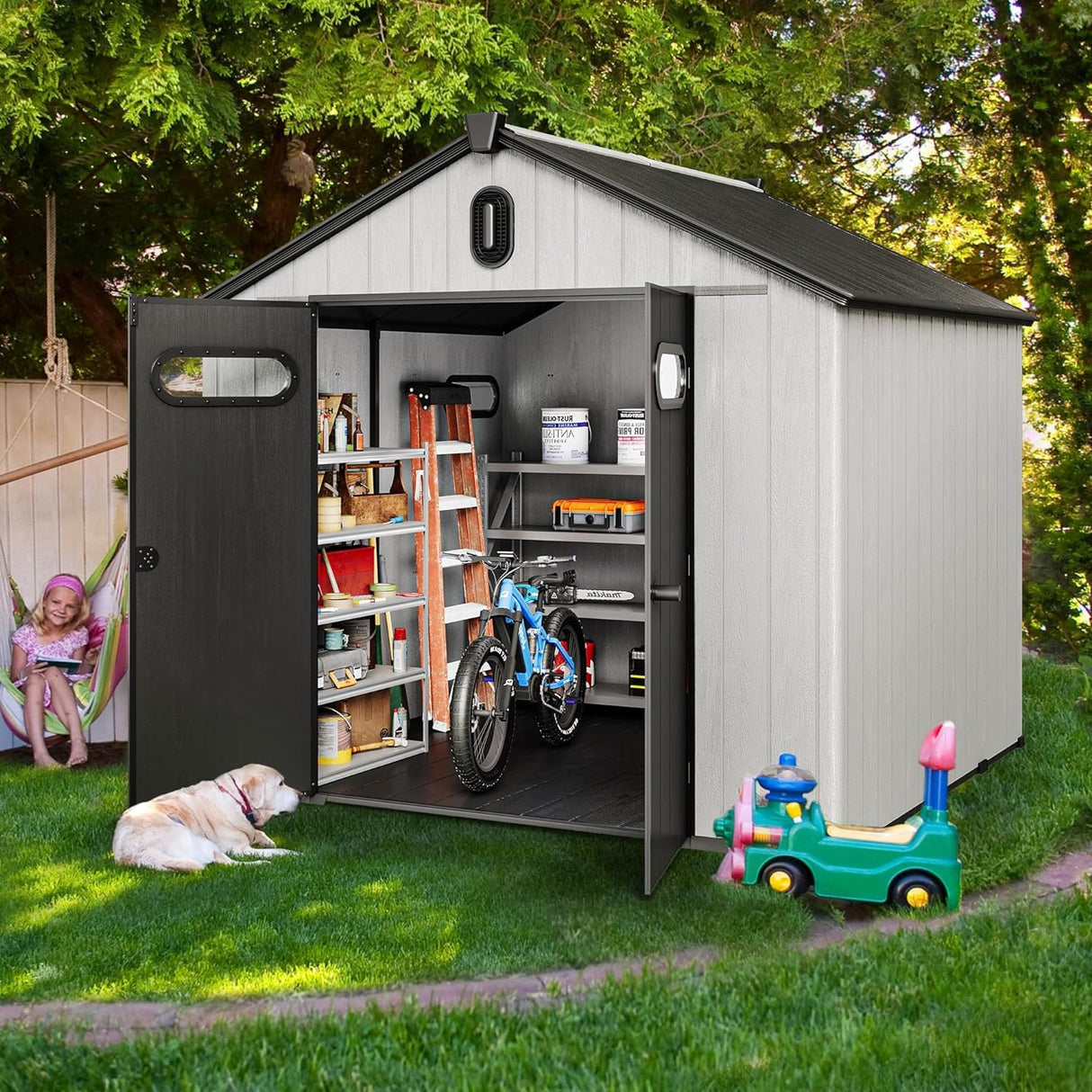 YITAHOME 8x8ft Outdoor Plastic Storage Shed with Floor, 427 cuft Waterproof Garden Shed with Lockable Door, Windows & Vents, Plastic Tool Storage for Patio Furniture, Lawn Mower, Bike Storage, Gray YITAHOME