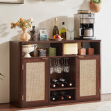 Lerliuo Rattan Wine Cabinet with 2 Doors, Boho Liquor Cabinet with Wine Racks, Farmhouse Coffee Bar Station for Living Room, Dining Room, Kitchen, Walnut Lerliuo